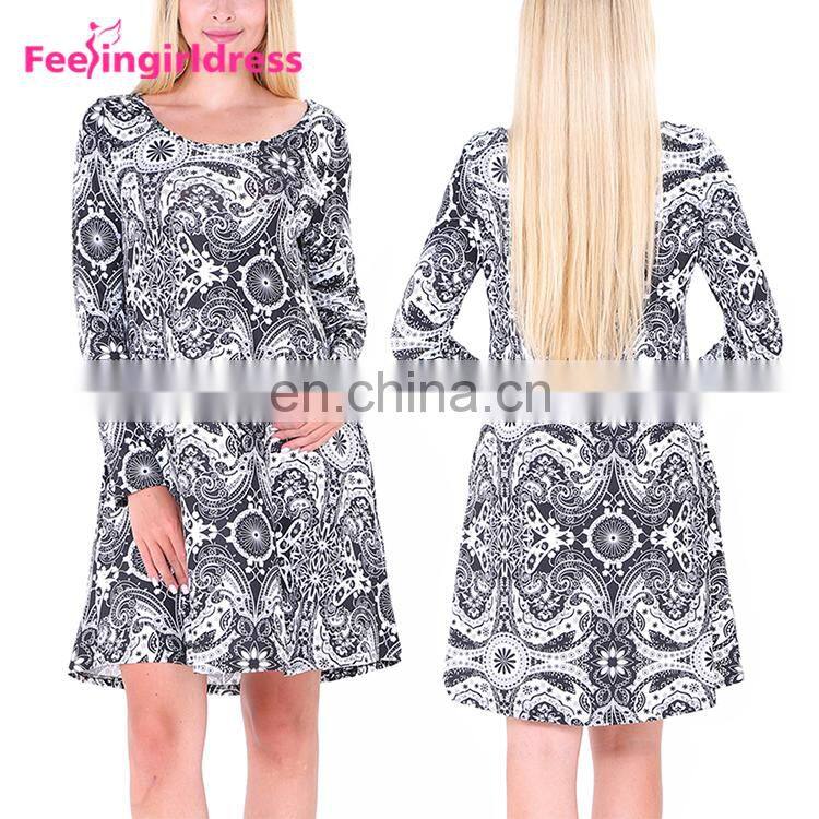 Free Samples Black Print Long Sleeve One Piece Dress Of Knee Length Casual Dress