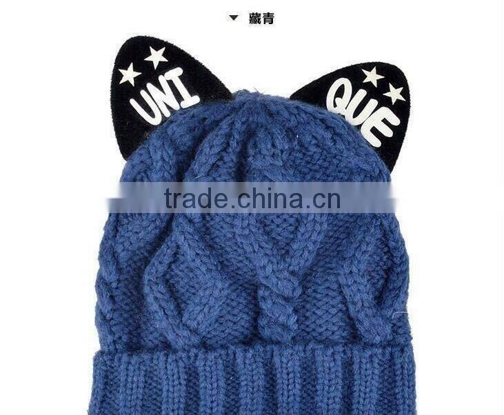 Unique Printed Cat Ear Decorated Polar Fleece Inside Twisted Knitting Women Girls Hat
