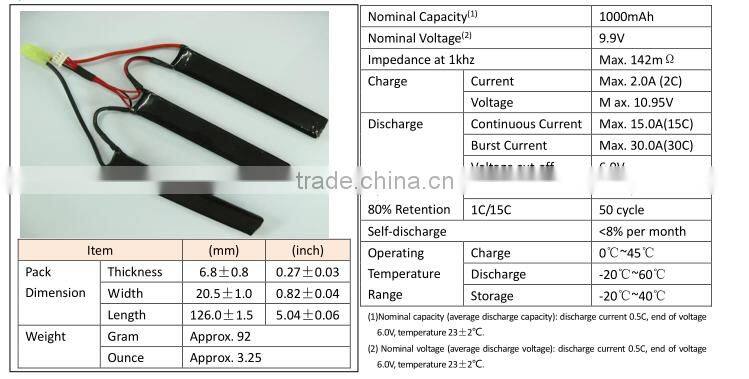 VB LiFepo4 Airsoft battery 9.9V 15C 1000mah 3 pieces/3 sticks crane stone AK battery with mini Tamiya deans connector