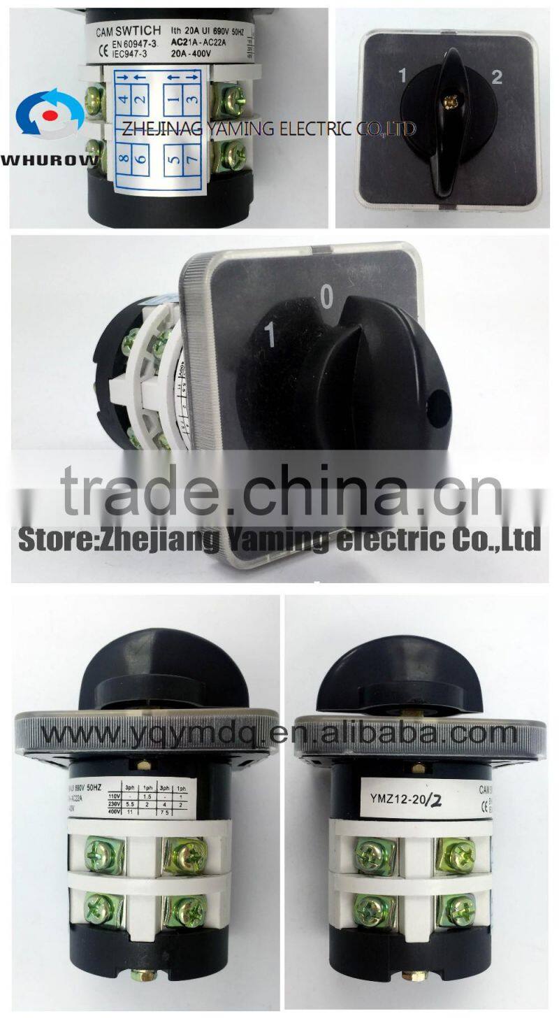 YM Rotary switch YMZ12-20/2 changeover cam combination switch 2 poles 3 positions 8 terminals 20A Ui 690V sliver point contacts