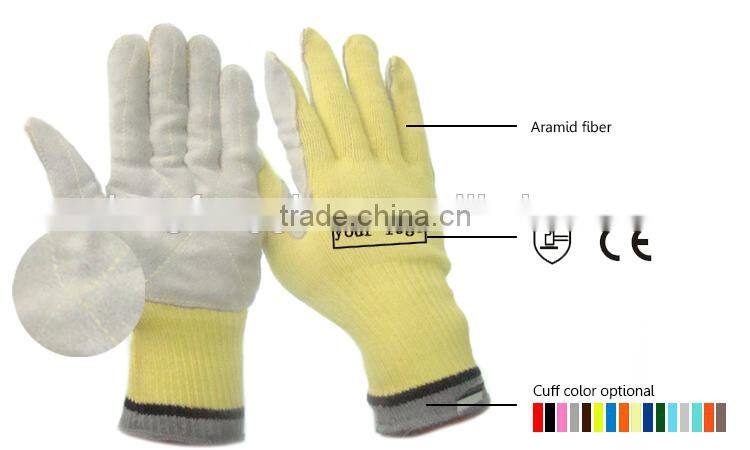 China High Quality Cow Leather Aramid Fiber Heat Resistant Work Gloves With Cut Resistance