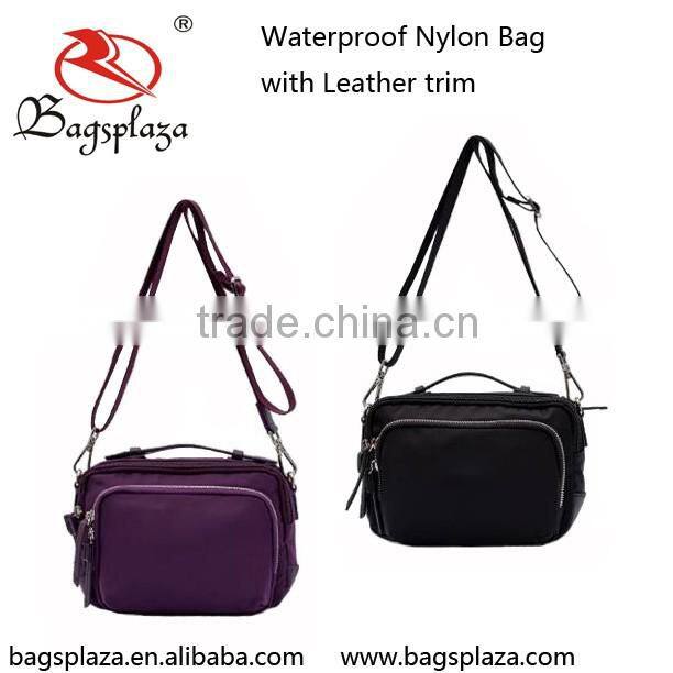 Alibaba China High Quality Woman Casual Nylon Sling Handbag With Leather Trim