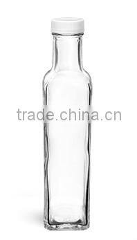 250 ml Clear Glass Square Bottles w/ White Ribbed Lined Caps
