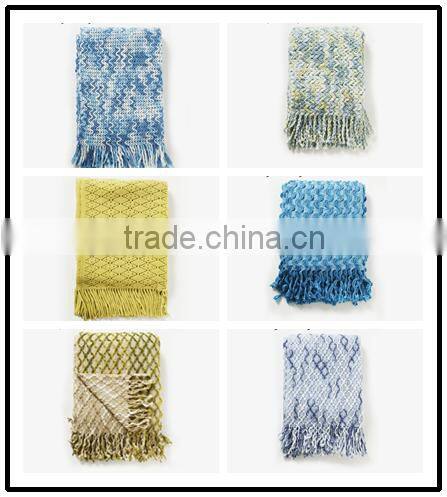 Hot sale orange color acrylic single side check jacquard crochet blanket with short tassels