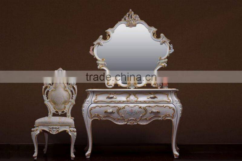 Sky Blue with Gold Trim Children Dresser Table and Mirror Set, Elegant Bedroom Furniture with Hand Painting