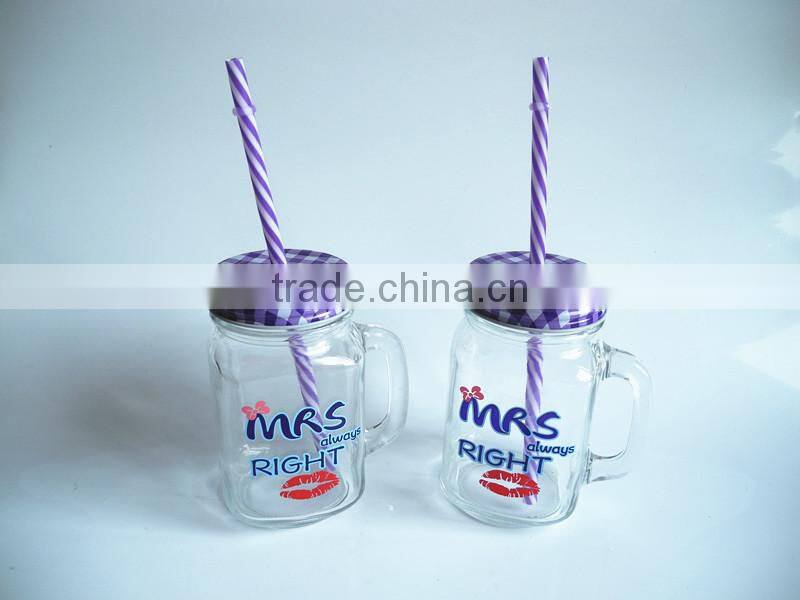 printed beverage use glass mason jar with fruit lid straw