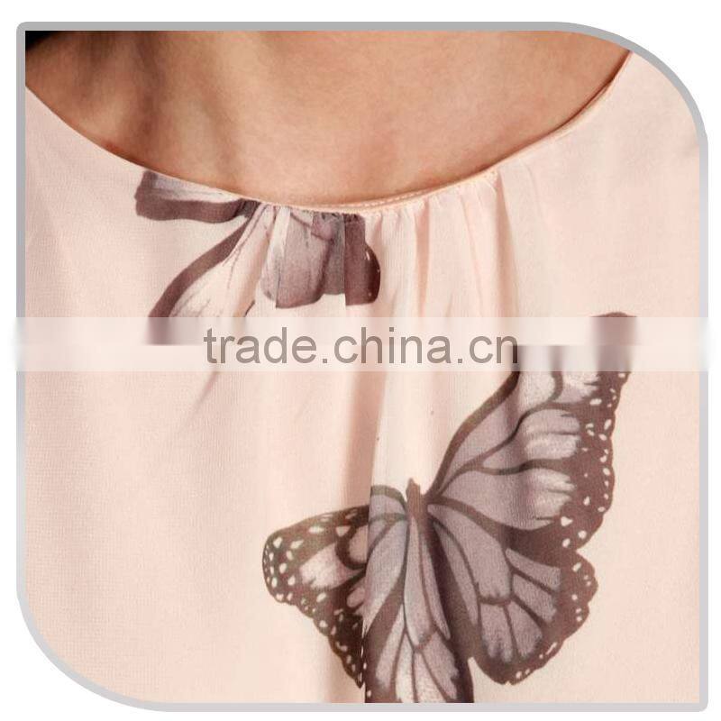 Fashion silk slip butterfly printed skater sleeveless chiffon dress with belt 2016 women clothing