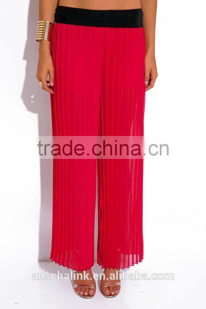 hot sale lady red pleated chiffon wide leg pants wholesale