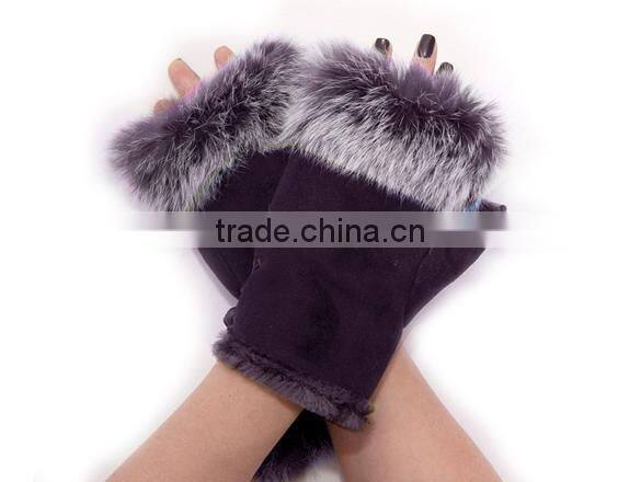2015 New Women's Rabbit Fur Hand Wrist Fingerless Warm Winter Gloves 3379