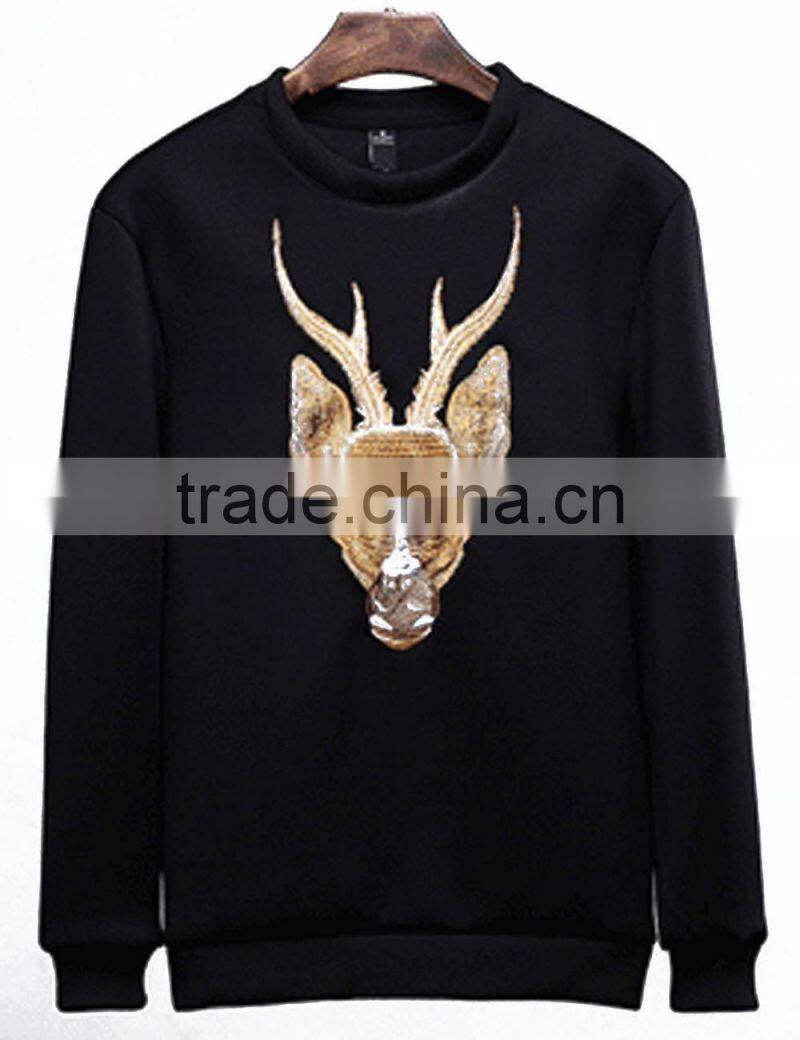 Fashion deer embroidery black designer tshirt with long sleeves sweatshirt