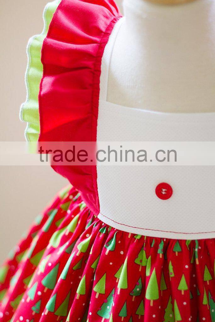 2017 Toddler Girls Christmas Tree Red Dress With Lace Trim Kids Printed Dress