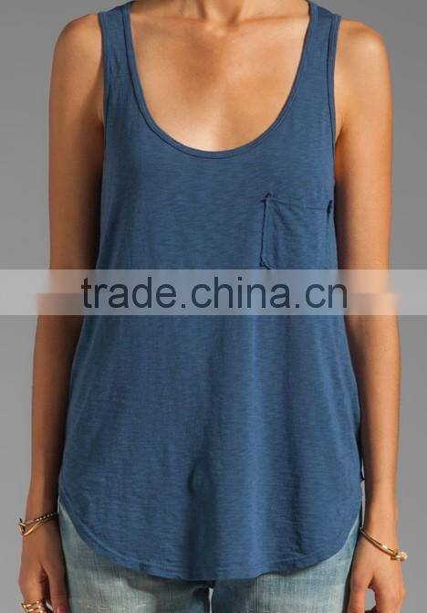Front Breast Pocket Slub Jersey Boyfriend Casual Tank Tank for Girls
