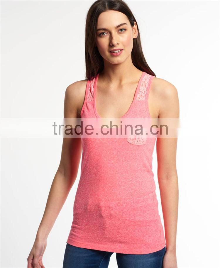 2017 Shandao New Sample Daily Wear Summer Casual Sleeveless Round Neck Slim Pocket With Lace Pink Cotton Women Tank Top