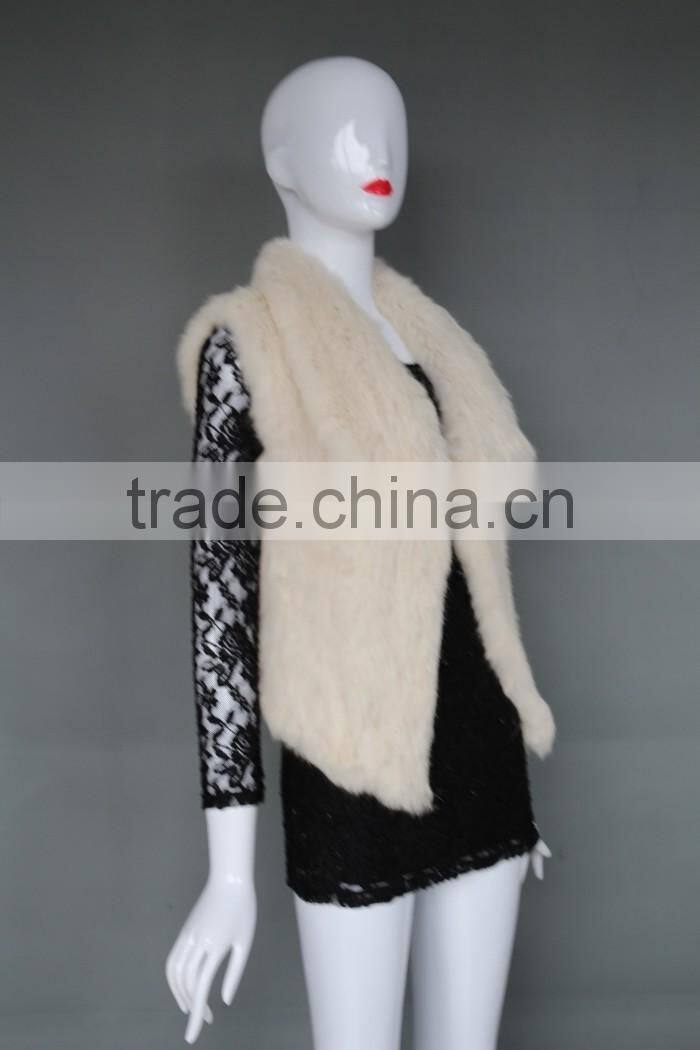 Classic style modern women warm soft rabbit fur knitted vest short with collar