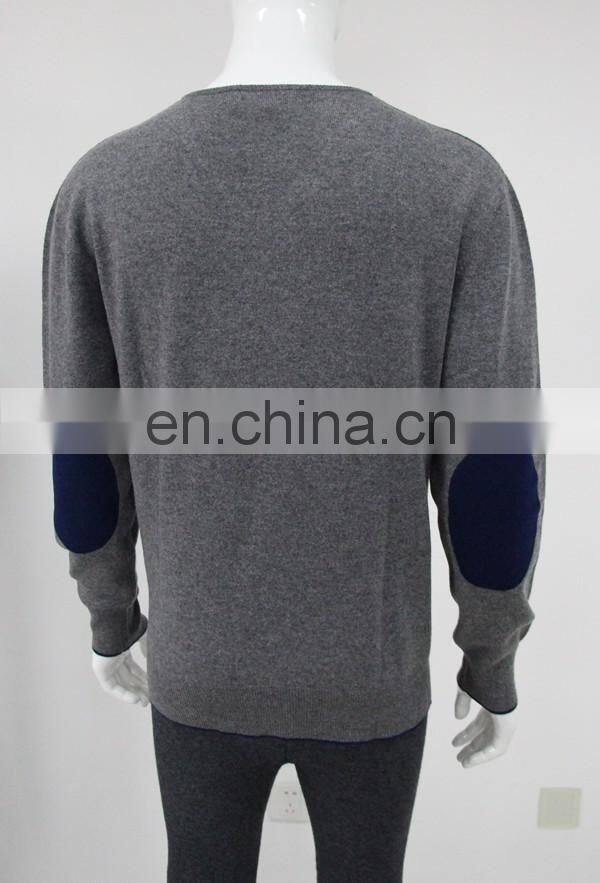 High Quality 12GG casual men's v-neck 100% cashmere sweater with elbow patches