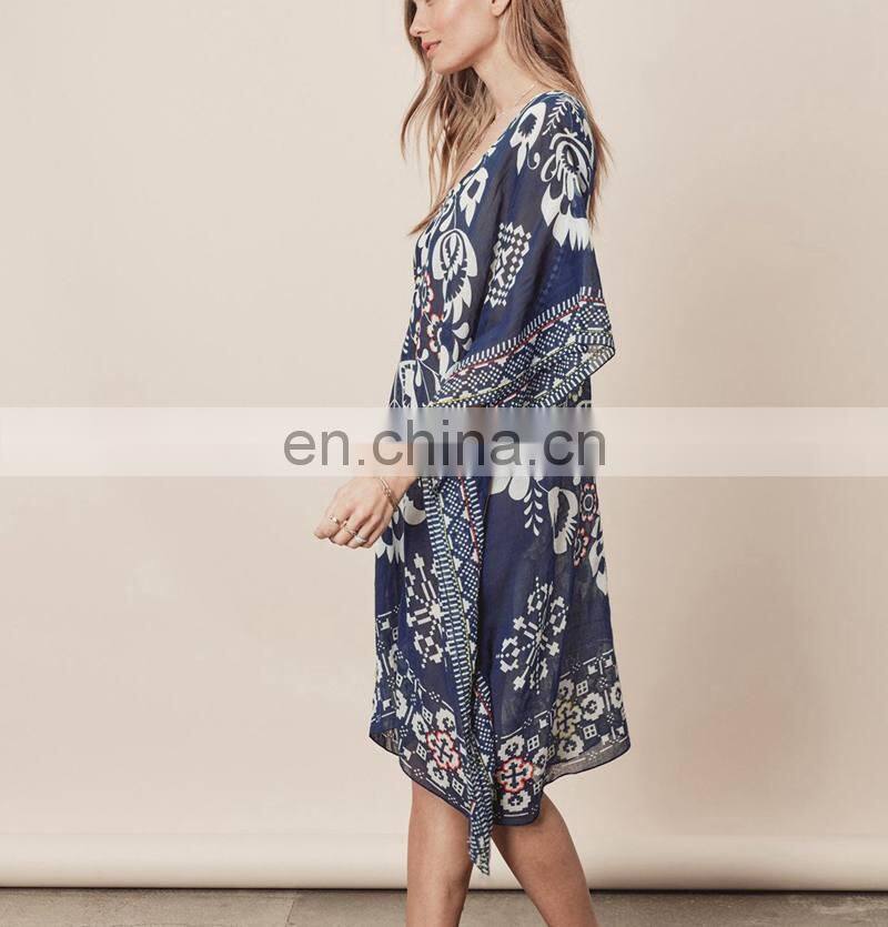 Beach Tunic Navy Blue Vintage Kaftan Beach Bikini Cover Up Chiffon Loose Swimwear Summer Dress Women