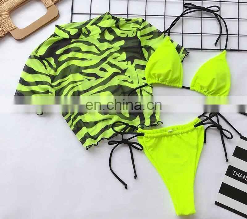 Women Brazilian 3pcs-set Sexy Print Micro Bottom String Beach Bikini Lady Half Sleeve Swimwear Mujer High Waist Padded Swimsuit