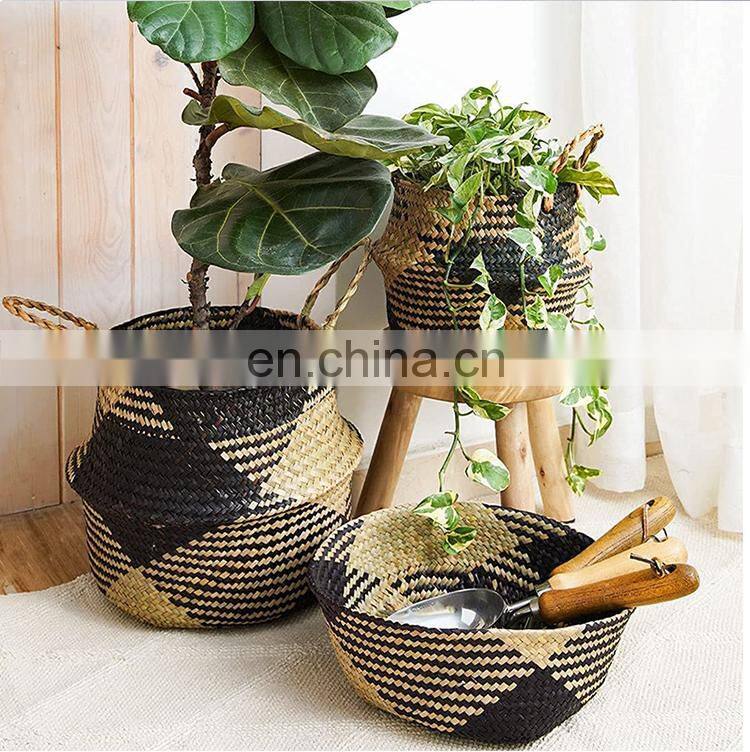HBK toy kid braided foldable belly seagrass basket for decorate and storage