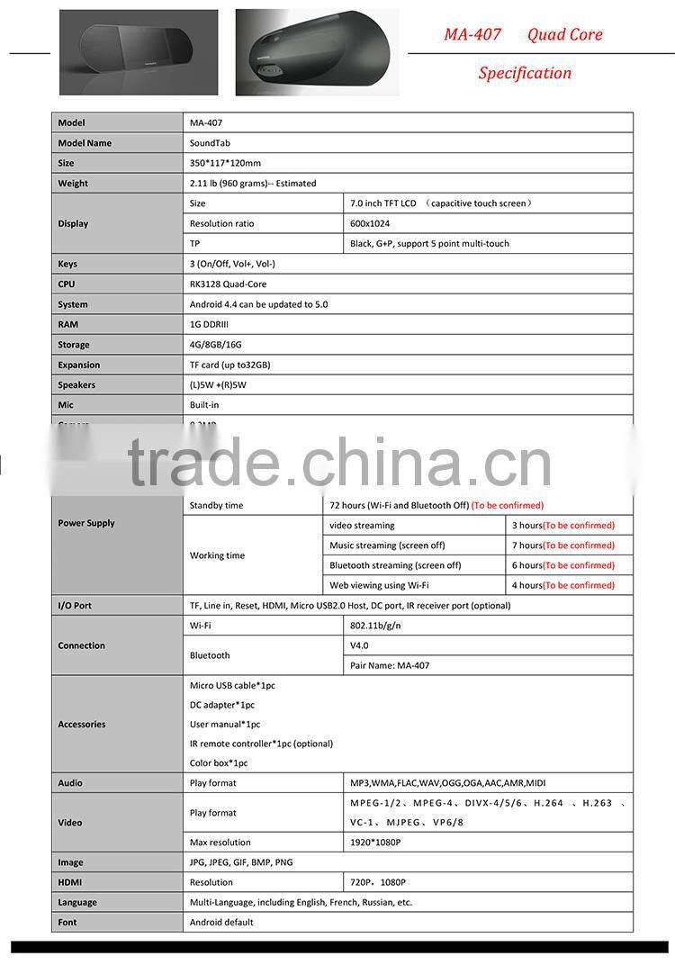 Zettaly-7 inch Android Smart Radio Soundpad 3(wifi,RK3128A,Quad core,1.6Ghz, 1GB DDR3,8GB nand, BT Slave, Lineout, Remote)