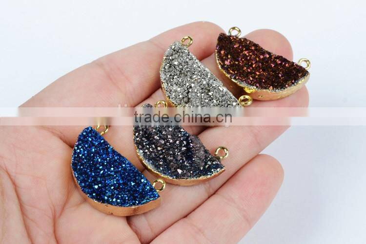 Titanium druzy half moon connector-rainbow, blue, opal white, silbver, coffee, green