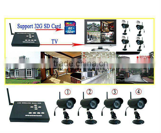 2.4G home surveillance wireless camera kit support sd card for long time recording
