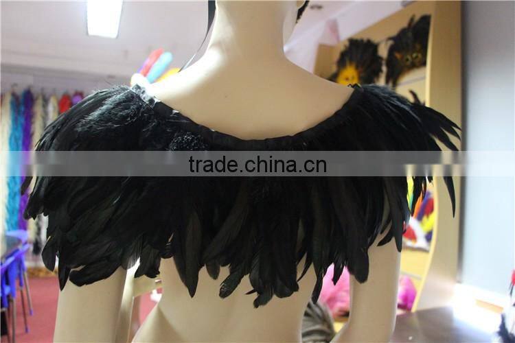 Wholesale Handmade Black Rooster Feather Cape Shawl For Wedding Dress Decoration