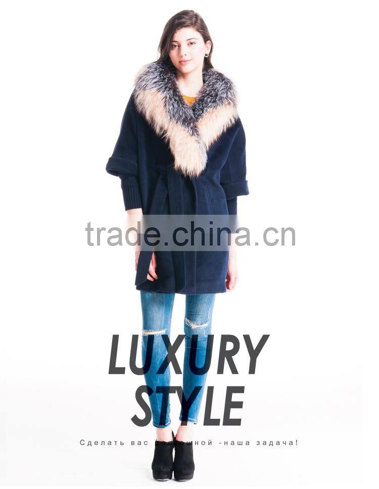 Autumn and winter length seven points women coat with silver fox Fur collar cashmere overcoat