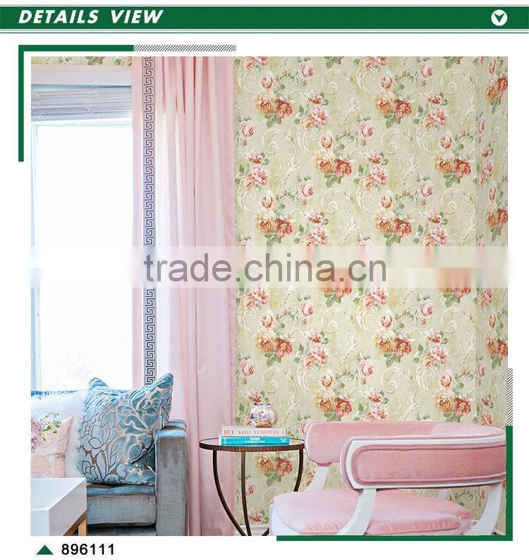 stock foaming non woven wallpaper, pastoral flower wall mural for wedding house , fireproof wall paper online
