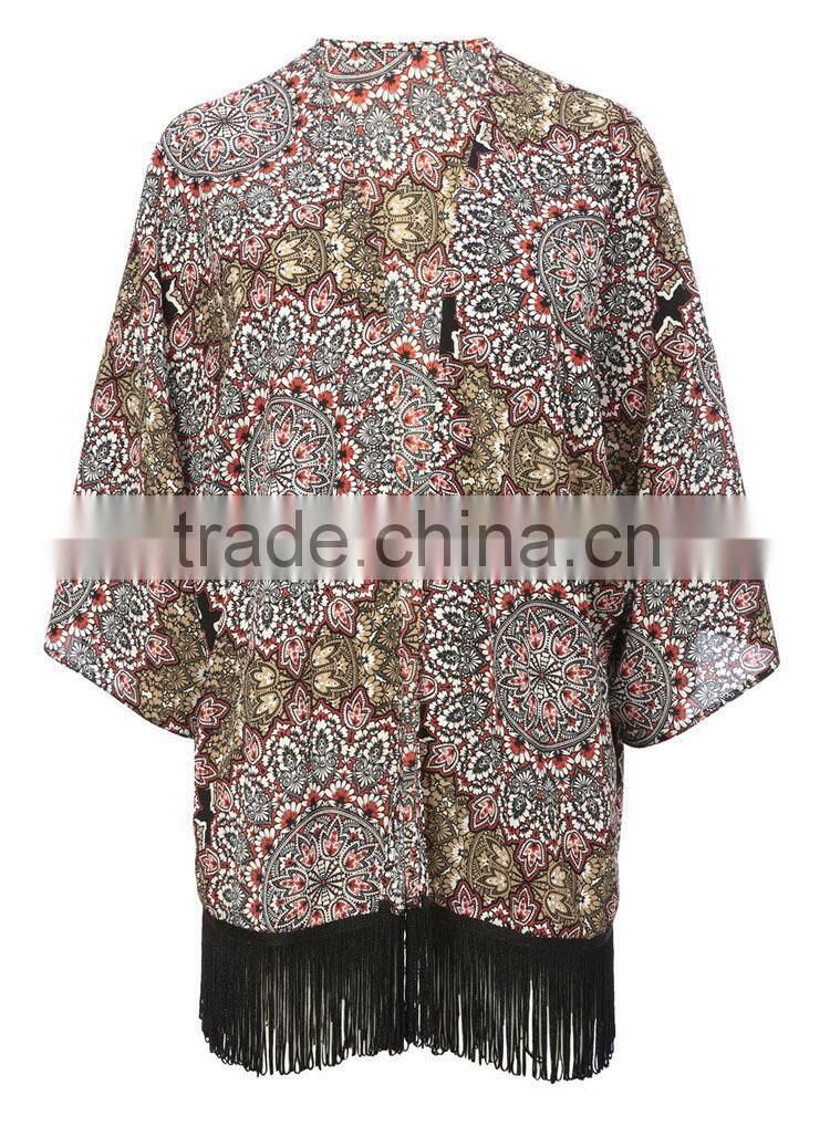 2015 Latest European Summer Fashion Red Fringed Tassel Kimono