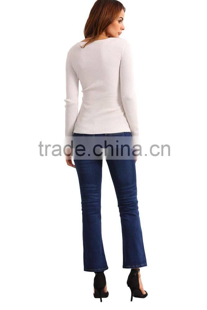 garment factory in china plain v-neck low neckline front split long sleeve skinny sweater women 2016