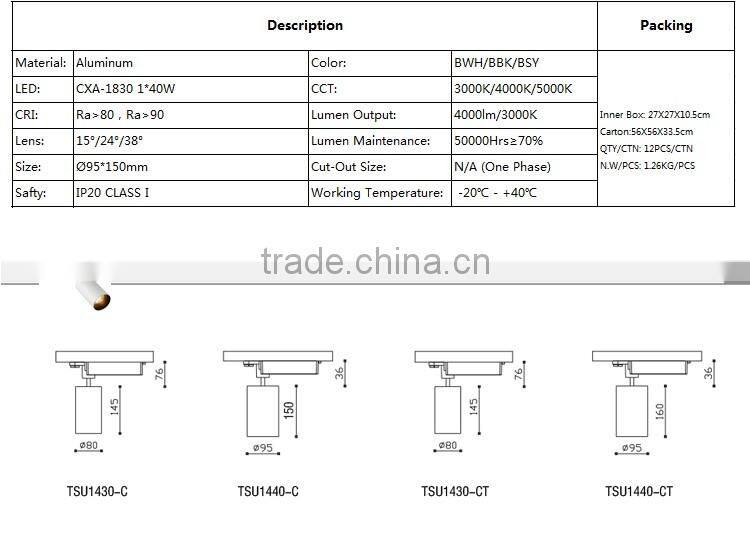 High lumen clothing store led track light housing 40w with HEP driver