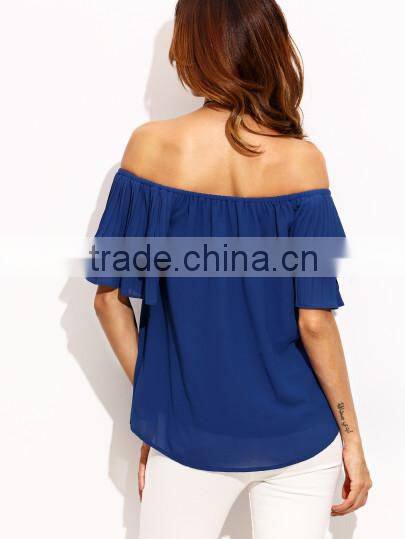 Blouses latest fashion design women clothing Royal Blue Pleated Sleeve Off The Shoulder Blouse