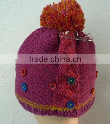 Children's Cable Knitted Beanie with Pom and Button