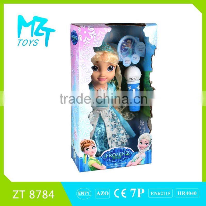 2016 New !Eco-friendly Vinyl 14 inch princess doll with crystal eyes+Microphone+Necklace music Barbie Doll