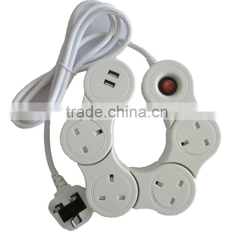 3 outlets uk snake rotate usb power strip
