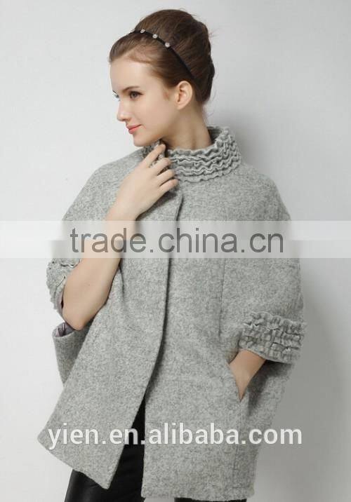 Fashion Gray Knitted Coat Ruffles Neck And Sleeves Knitted Coat