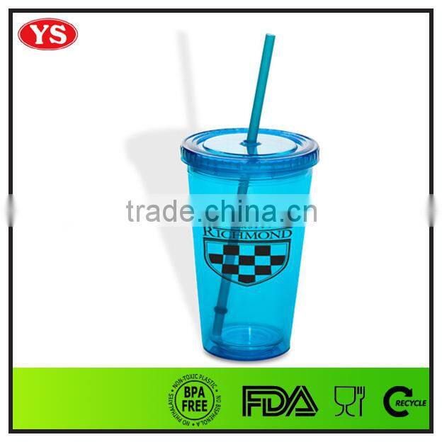 Customize 16 ounce plastic double-deck tumbler with straw