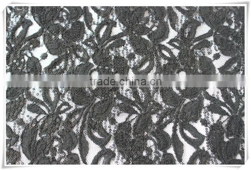 Latest design thin net embroidered sequin fabric, black flower embroidery sequin fabric textile for dress