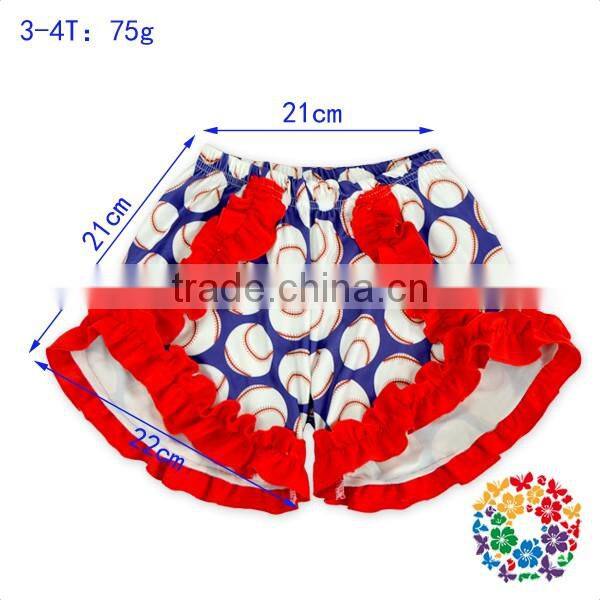 Popular Baseball Print With Red Cotton Ruffles Baby Girls Shorts