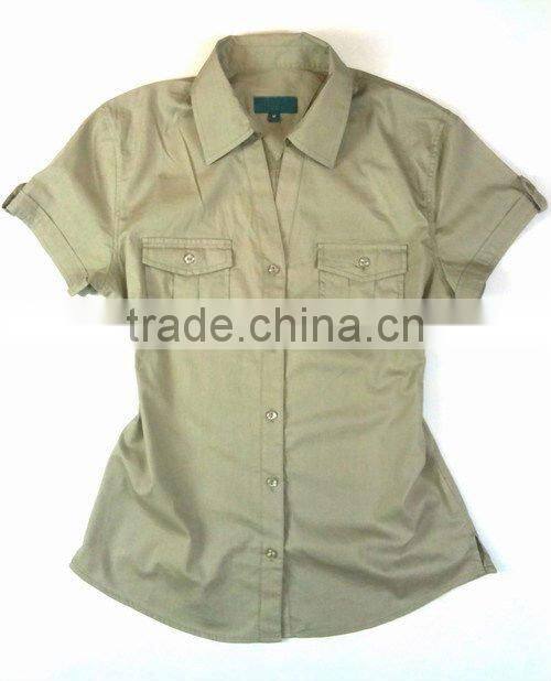 Ladies' 100% cotton casual short sleeve shirts with 2 chest pocket