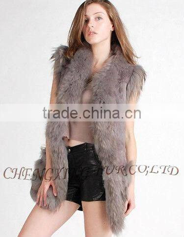 CX-G-B-203 Long Genuine Ladies Rabbit Fur Vest With Racoon Fur Trim ~ Casual Wear