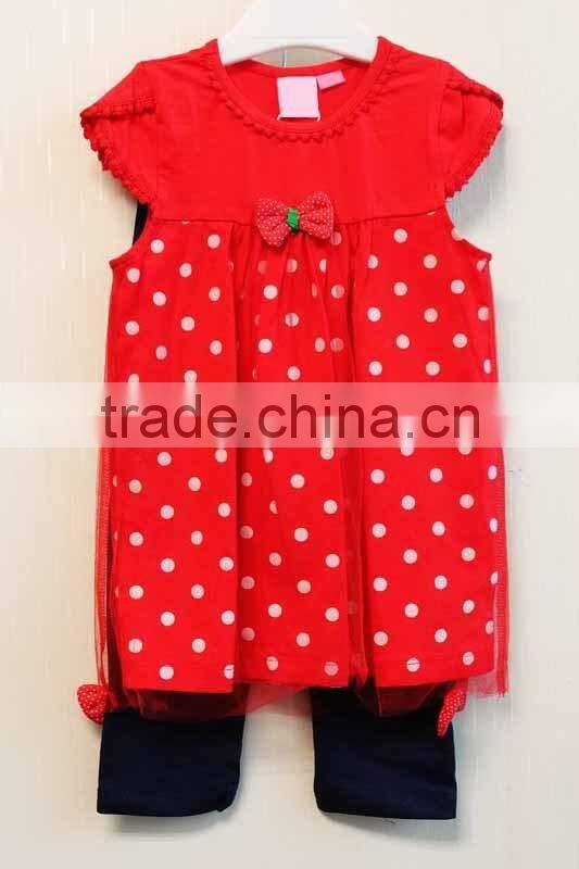 Wholesale Fashion Design Polka Dot Baby Girls Summer Dress Set Knitted 100% Cotton Dress 2 Pcs Set TP-7958