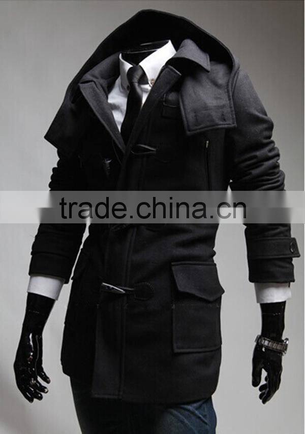 Hot sale cotton and polyester mixed stand collar with hat black and gray 4 size for choice woolen men coat clothing