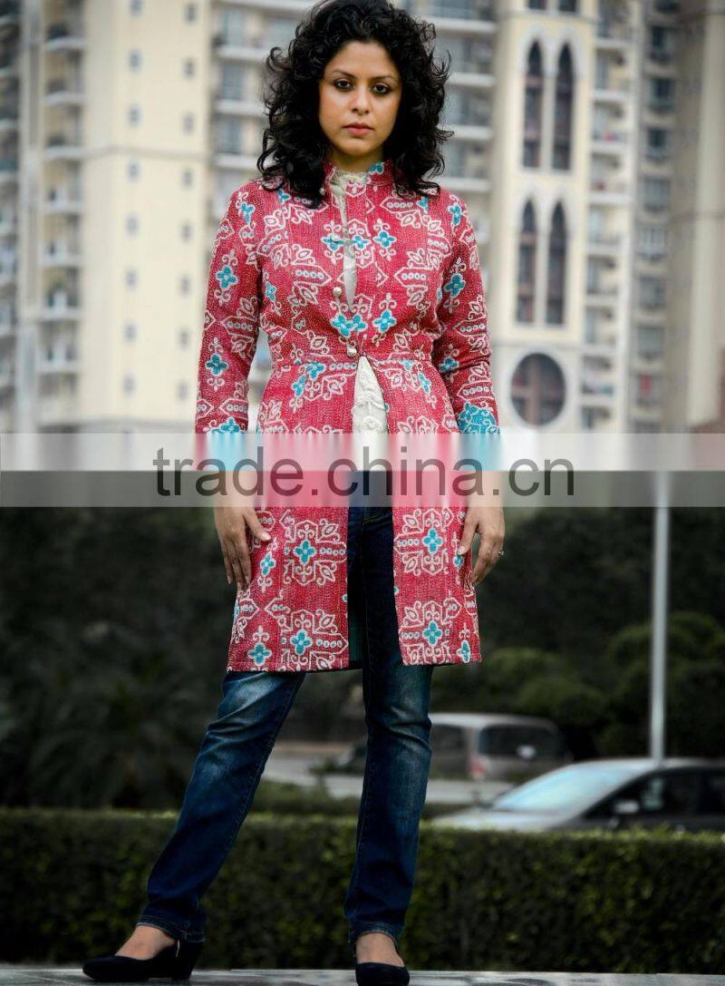 Vintage Kantha Long Jacket in Turquoise and Red ~ Extra Small