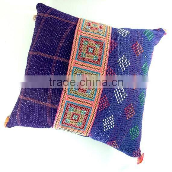 pair of purple kantha quilt cushion covers with hmong detail, kantha cushions, kantha pillow case, ooak