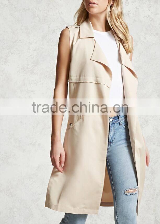 Fashion Longline Plain Women Work Vest with belt sleeveless jacket for ladies