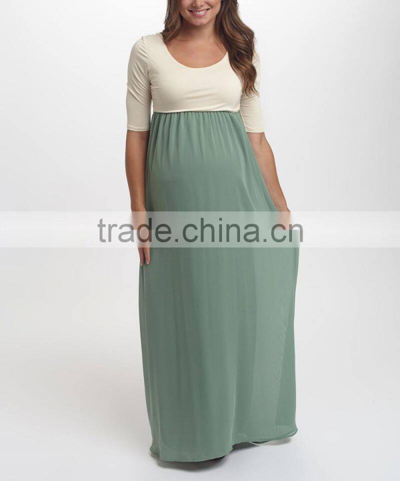New Arrivals Maternity Dresses With Sage And Ivory Color Block Maternity Scoop Neck Maxi Dress Women Wear WD80817-1