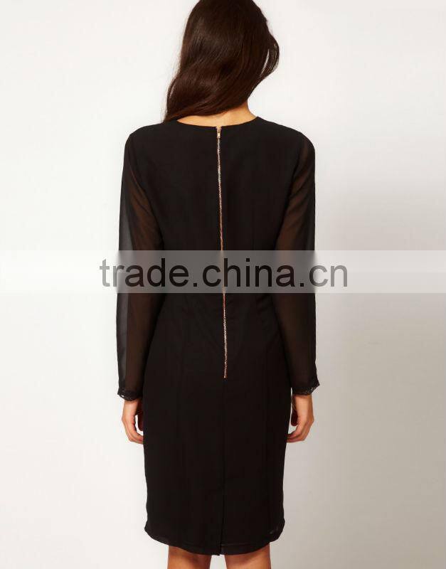 Pencil Dress With Ruched Side Panels And Lace Cuff Detail