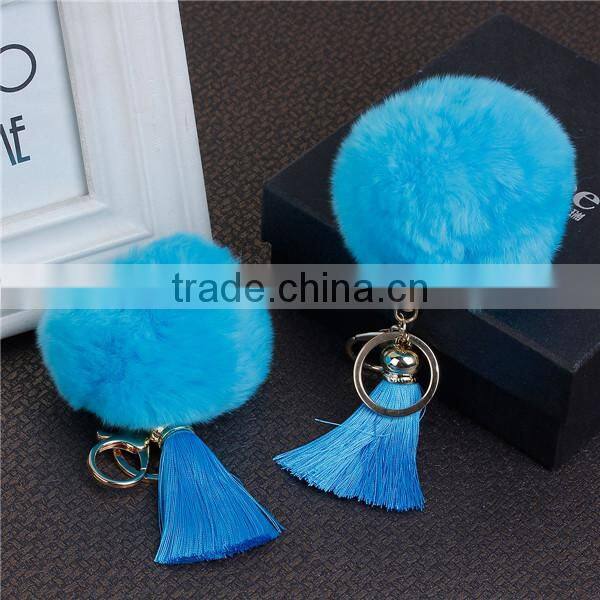 Fashion Gold Plated Blue Angora Rayon Tassel Key Chain Pompom