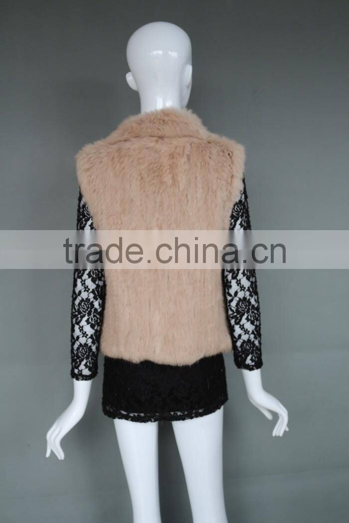 Lady pretty short rabbit fur knitted vest with square collar new style